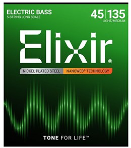 Elixir 14207 NANOWEB - Комплект струн для 5-струнной бас-гитары, никелированные, Light/Medium, 45-135